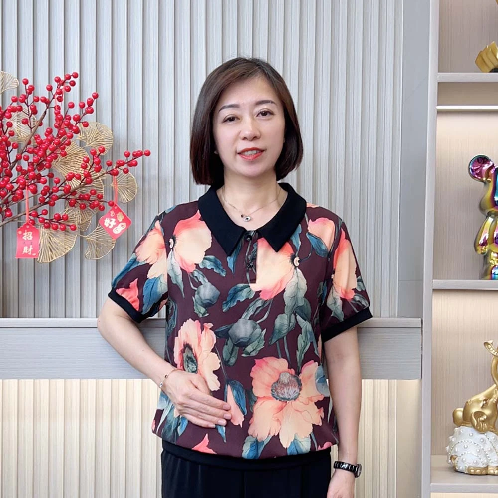 2025夏季新款洋气印花中老年妈妈装减龄宽松显瘦翻领气质短袖T恤