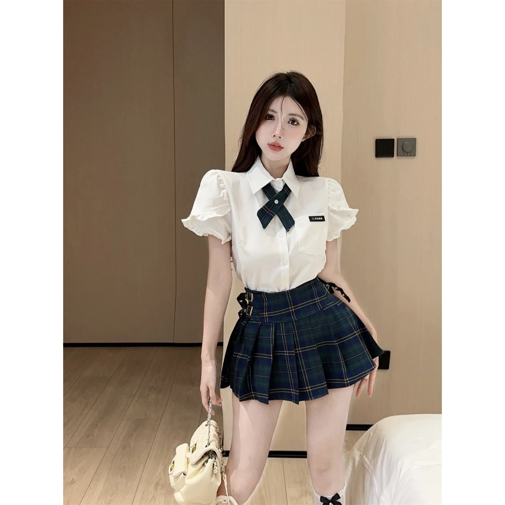 浔觅/Xunmi 学院风JK制服少女风格纹百褶裙木耳花边短袖衬衫套装