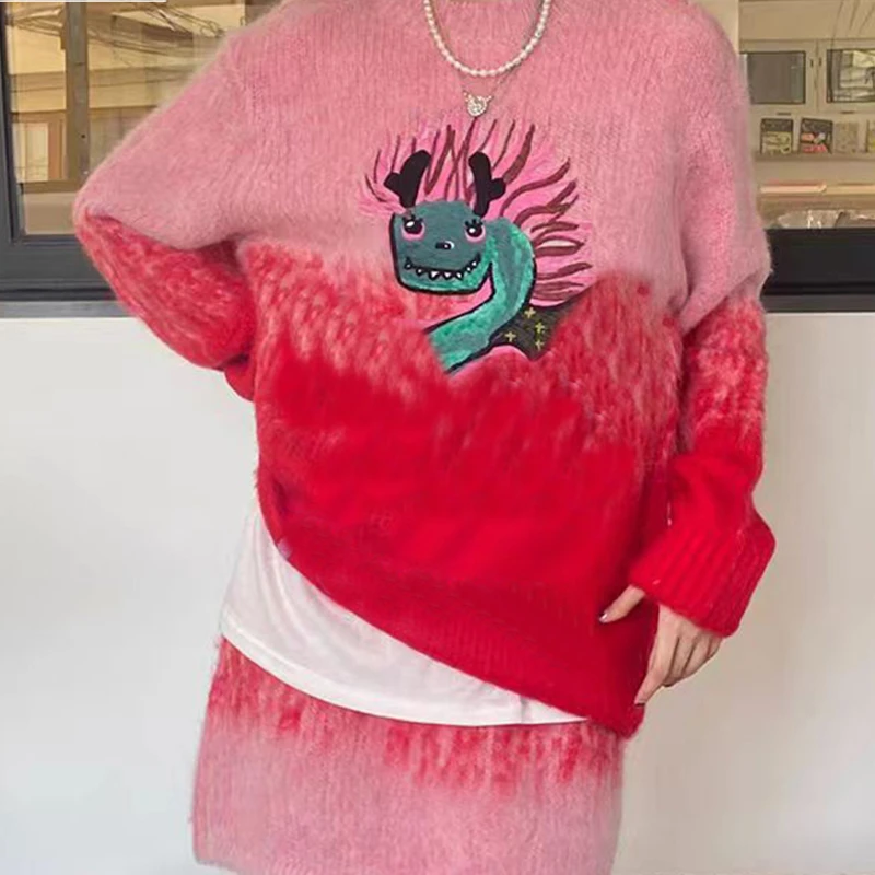 JY3ZZD123464设计感绣花小龙新款秋冬百搭圆领针织毛衣女