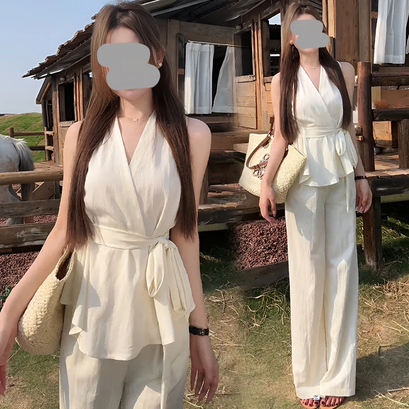 慵懒风韩系V领无袖绑带收腰显瘦上衣套装女2025夏洋气高腰阔腿裤