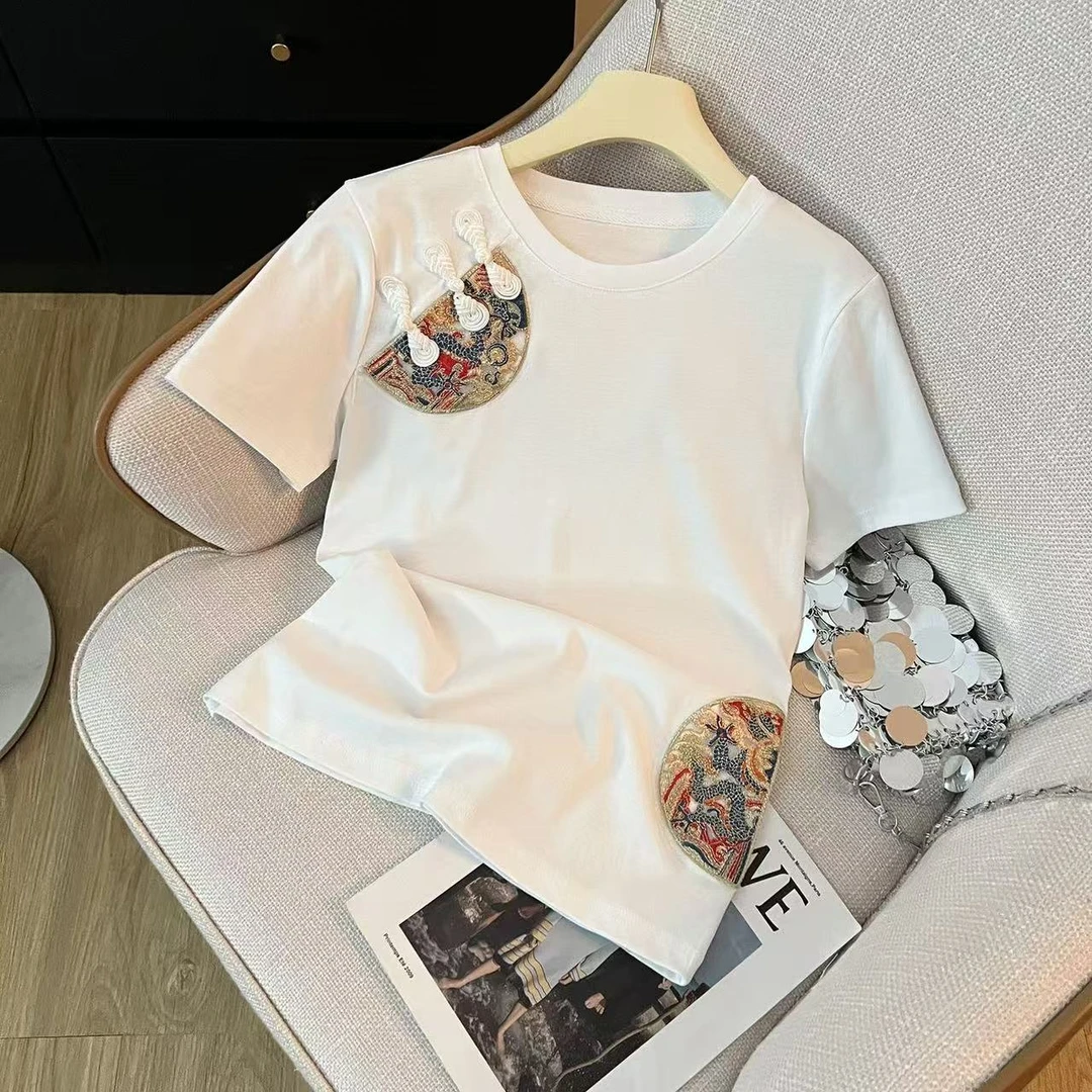 线下订单！新中式重工刺绣短袖T恤休闲圆领盘扣国风上衣ZJ448