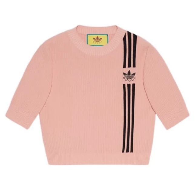 全新未使用 GUCCI/古驰 联名款针织三条纹提花短袖毛衣橘粉色