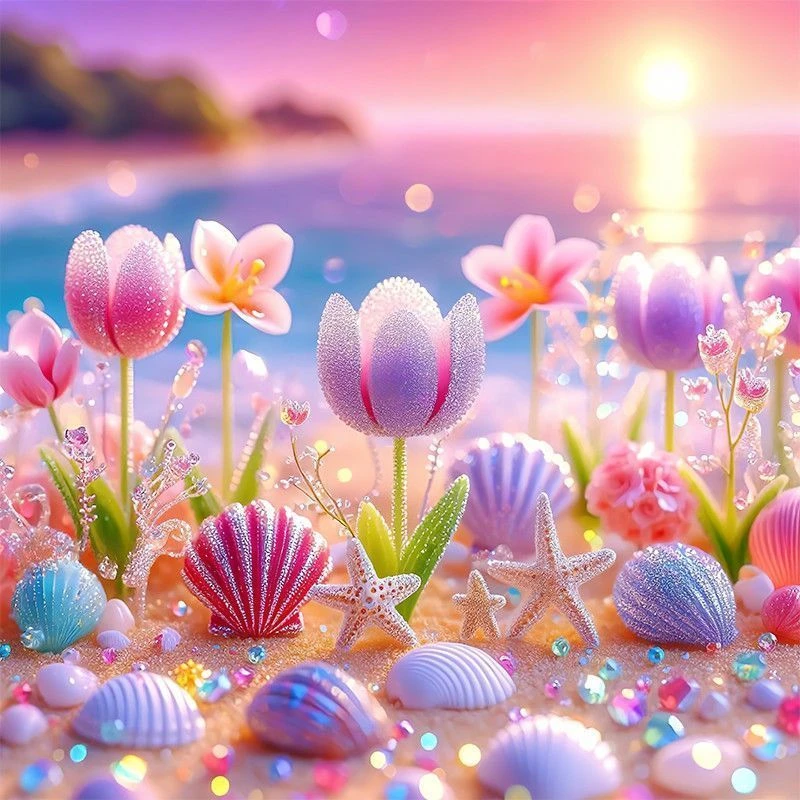 贝壳花园钻石画手工diy自粘满钻新爆款卡通可爱梦幻花卉沙滩风景