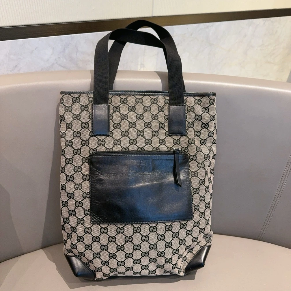 95新 GUCCI/古驰  老花拼黑皮托特包 1538 6879