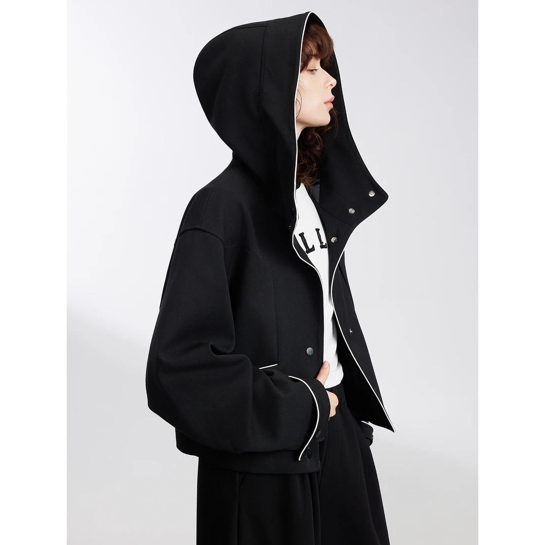 La Chapelle/拉夏贝尔正品黑色秋季连帽女2025上衣新款撞色短外套
