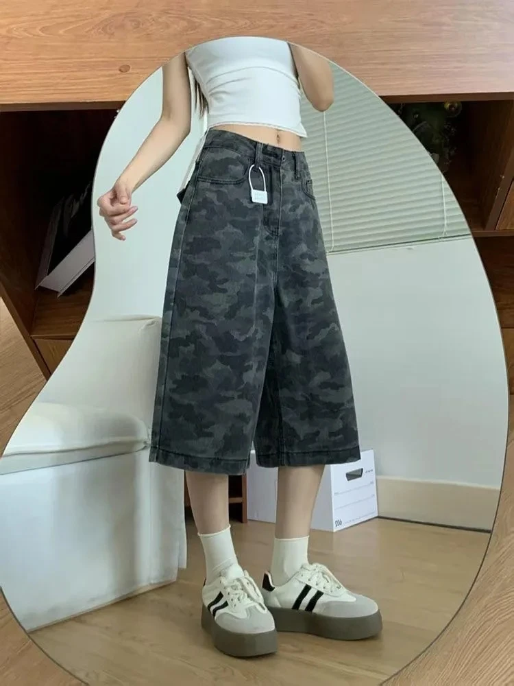 复古美式迷彩阔腿七分牛仔短裤宽松夏季新款女