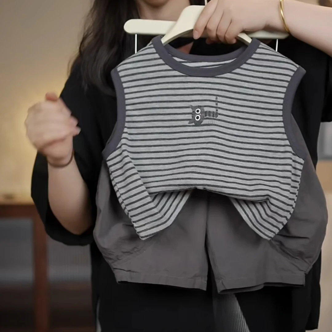 童装男童背心套装夏装2025帅气中小童条纹休闲无袖两件套儿童衣服