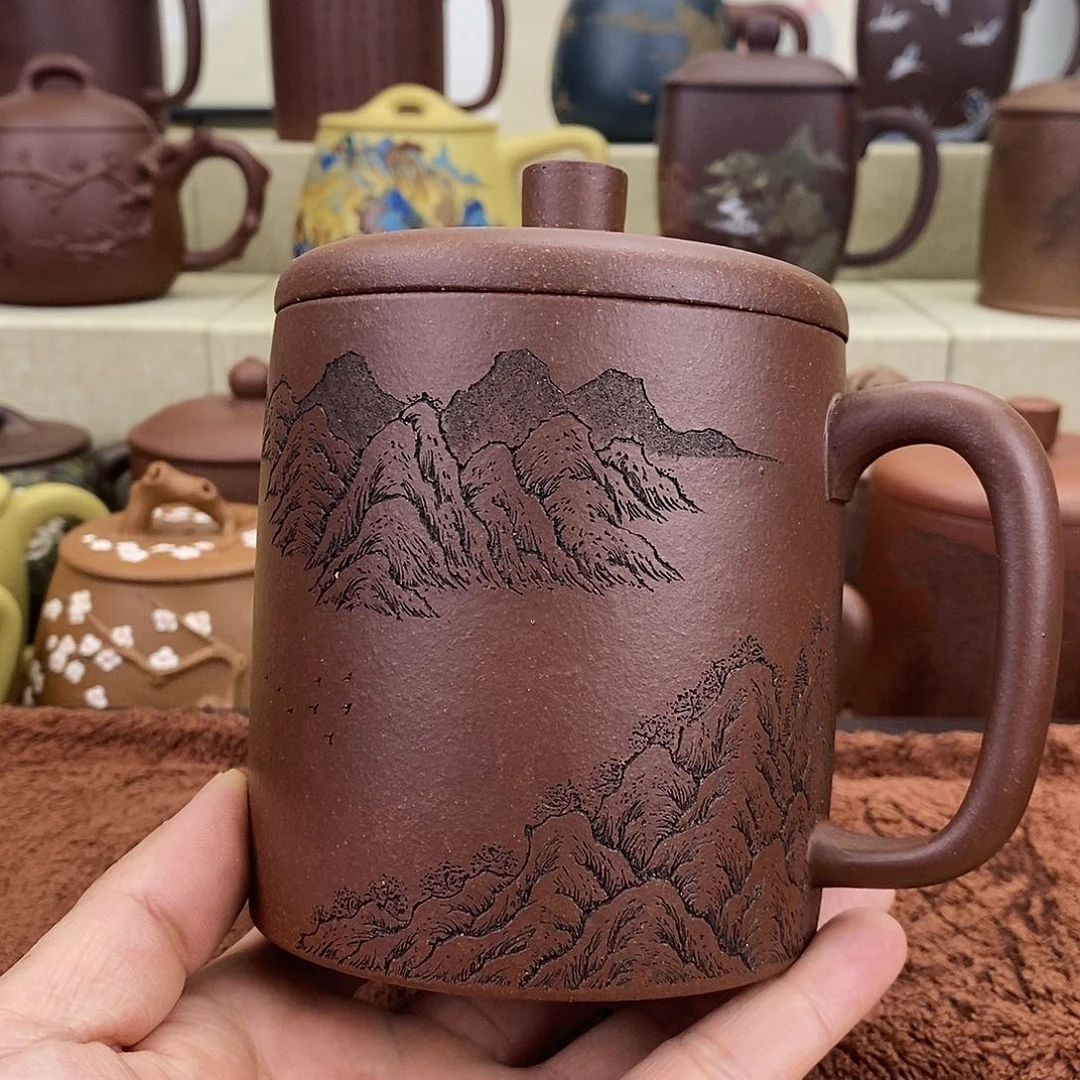 紫砂茶杯紫玉金砂山水杯