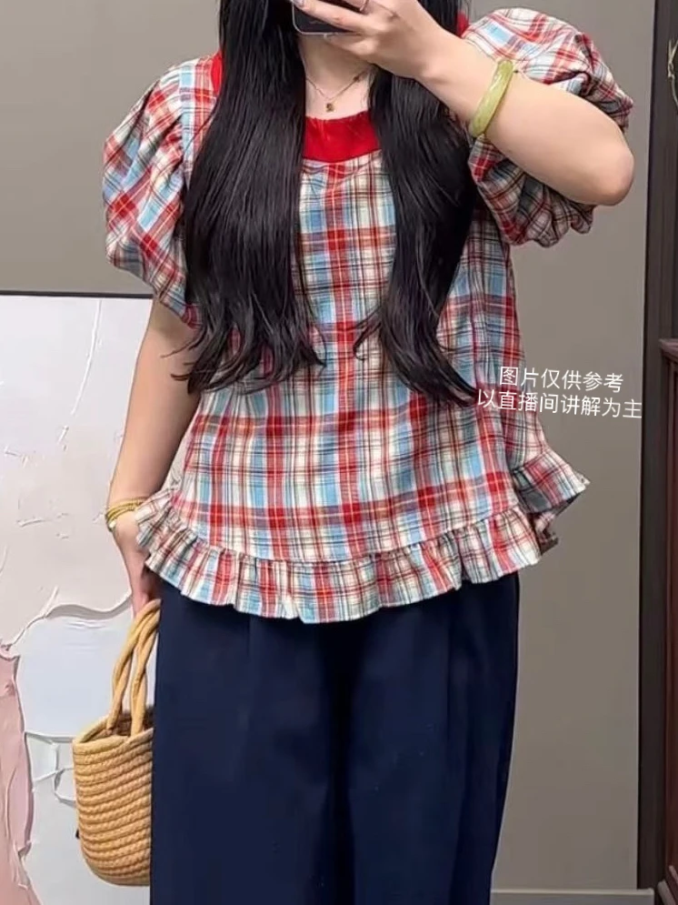 桃亦家·夏日新款大码泡泡袖彩色格子上衣衬衫阔腿裤显瘦遮肉套装