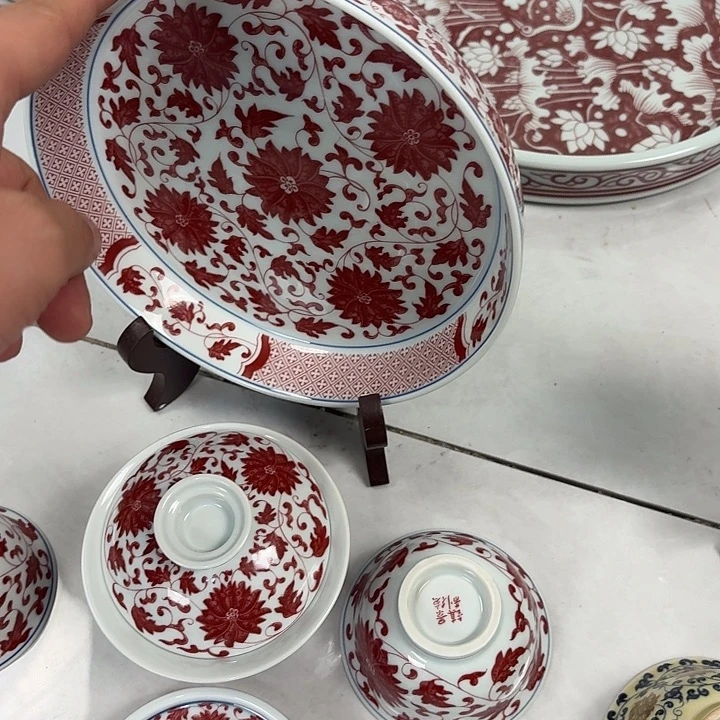 瓷片釉里红缠枝莲5件套景德镇