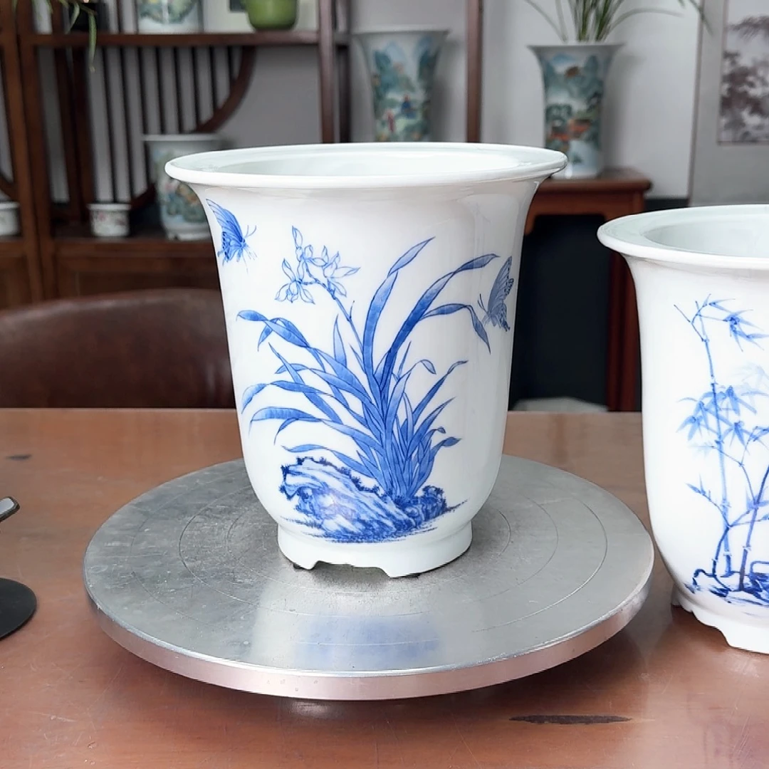 @****青花兰花金钟陶瓷盆