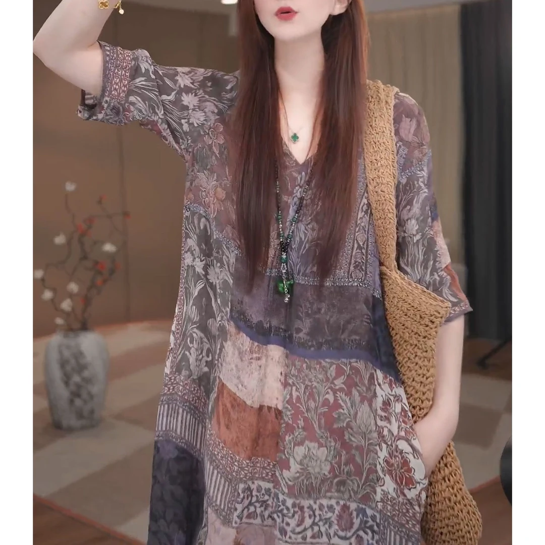 夏季新款印花宽松显瘦连衣裙气质百搭复古洋气时尚休闲国风中长裙