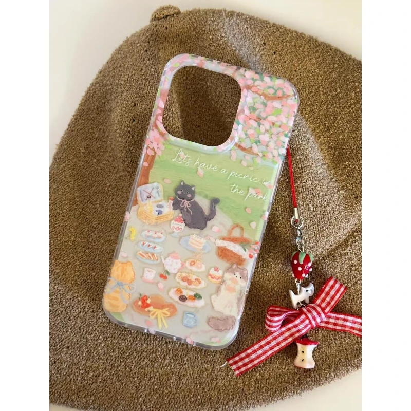 叮霖涂鸦野餐小猫适用iPhone1615大孔手机壳华为vivo小米15oppo套