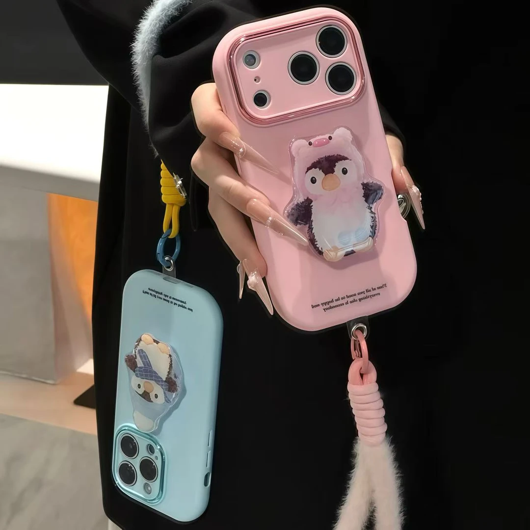 暖冬小企鹅支架挂绳适用苹果17/16promax手机壳华为vivoppo小米15