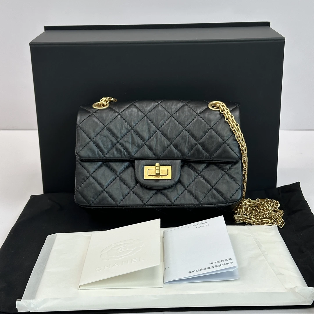 99新 Chanel/香奈儿 24P黑金2.55大mini单肩斜挎链条包 61036