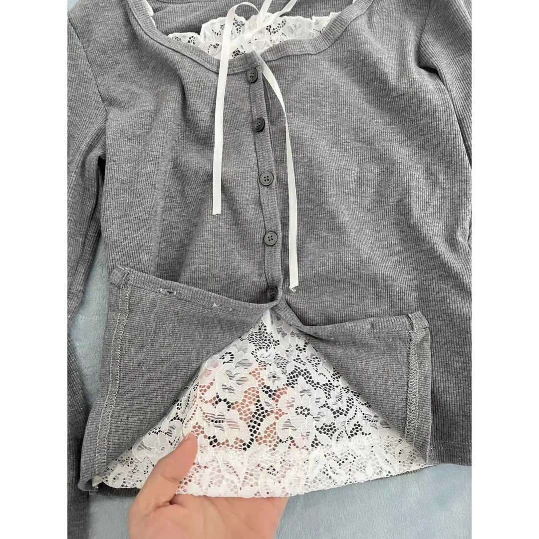 CKKOR春秋新款法式拼接蕾丝长袖t恤女纯欲修身洋气百搭新年打底衫