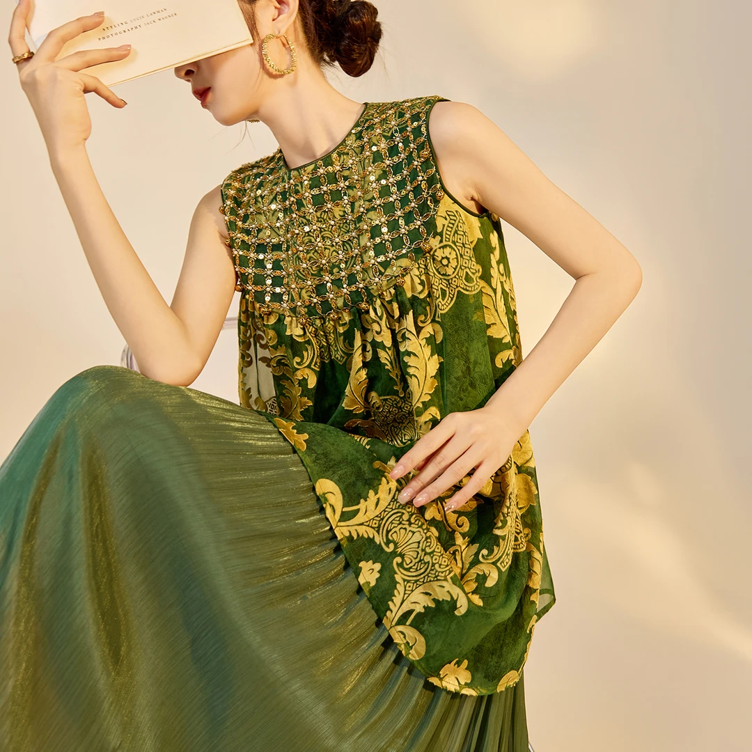 新中式圆领复古珠片设计人丝无袖长裙国风拼接气质连衣裙女 N6041