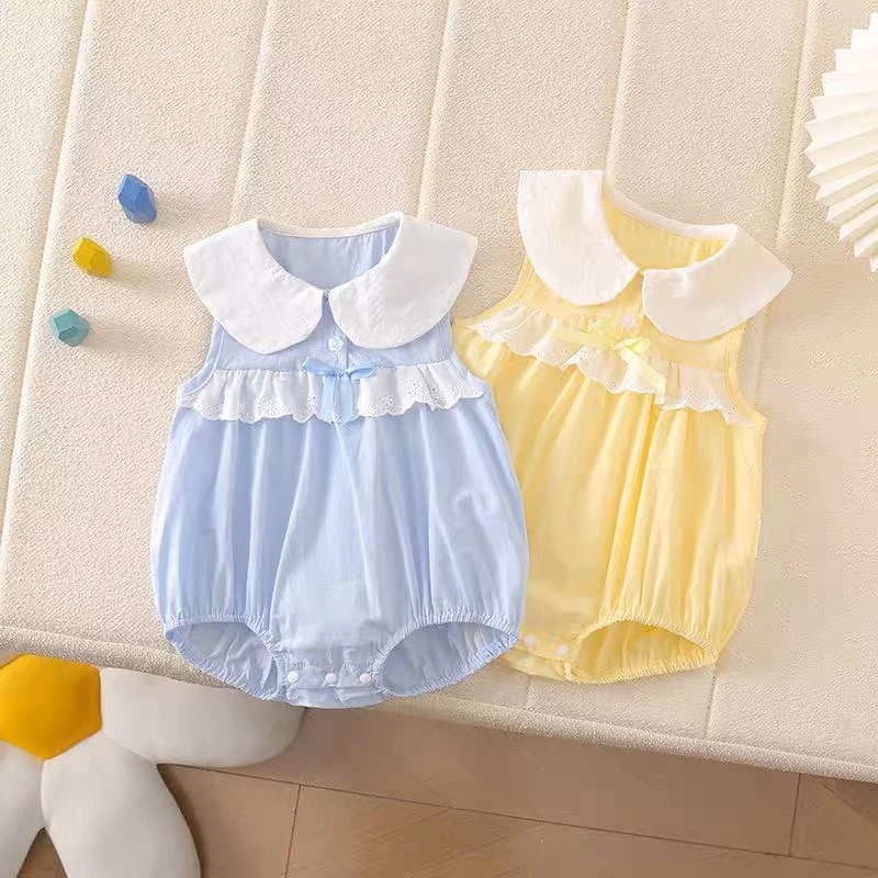 婴幼儿韩版清新背心蝴蝶结哈衣女宝宝夏季清爽奶黄色可爱包屁衣