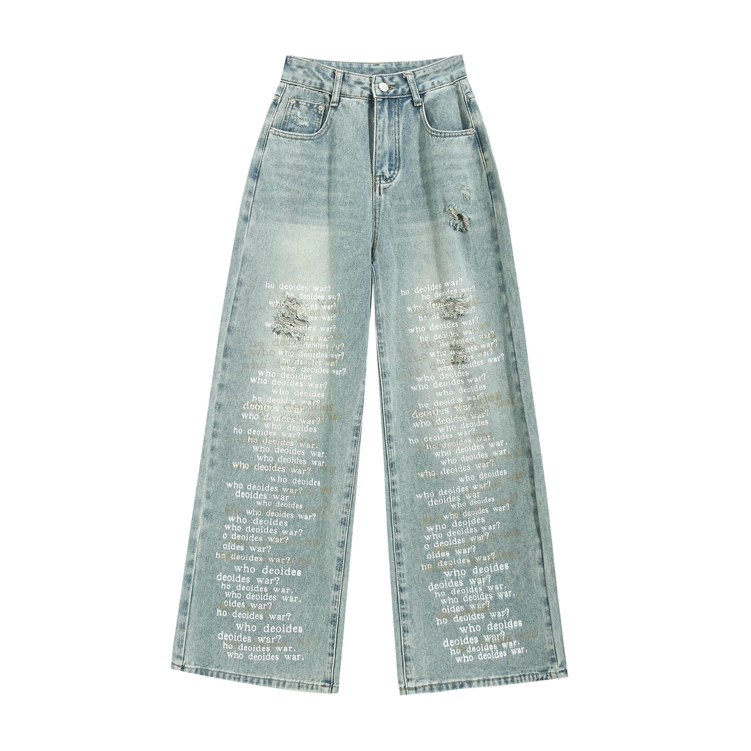 EC2025新款字母印花破洞阔腿牛仔裤女春季高腰拖地裤81158