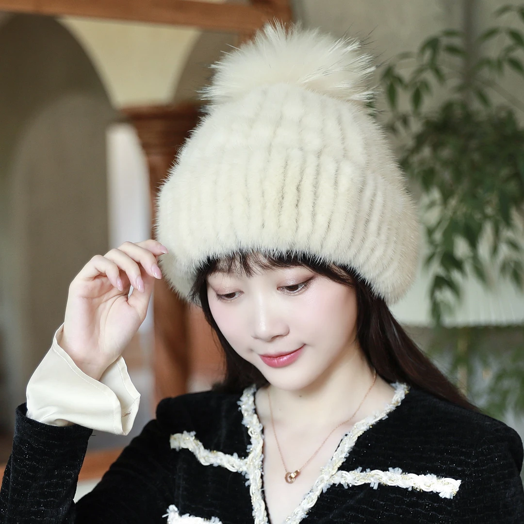 秋冬真水貂皮毛编织弹力保暖皮草帽子狐狸毛球女中青年针织帽加厚