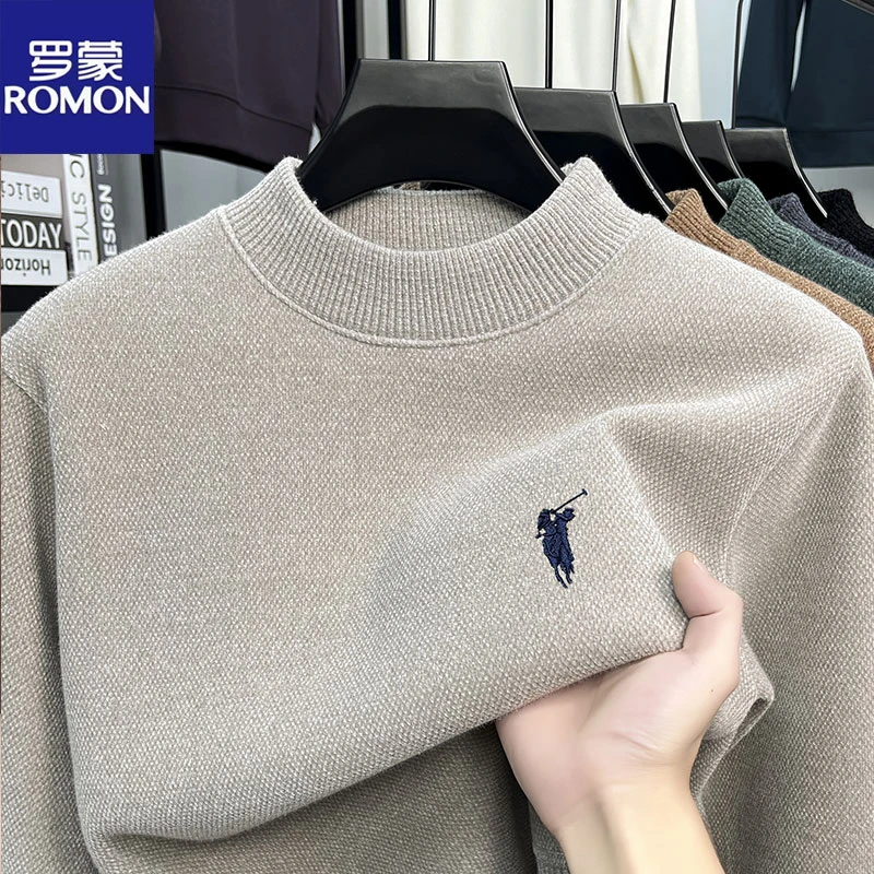 罗蒙2025冬季新款加绒加厚男士半高领毛衣保暖针织打底衫一体绒男