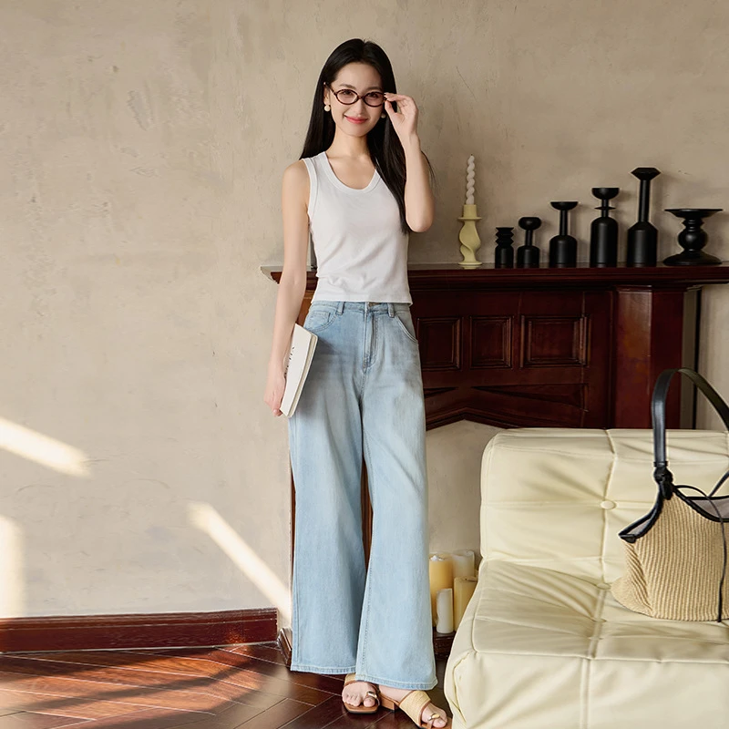 2025夏季新款薄款牛仔裤怀旧浅蓝色水洗牛仔长裤时尚直通阔腿裤女