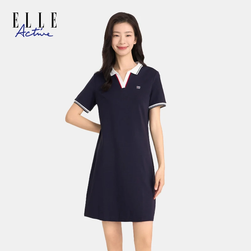 ELLE Active【法式V领】夏季连衣裙翻领女装时尚撞色休闲短袖中长裙