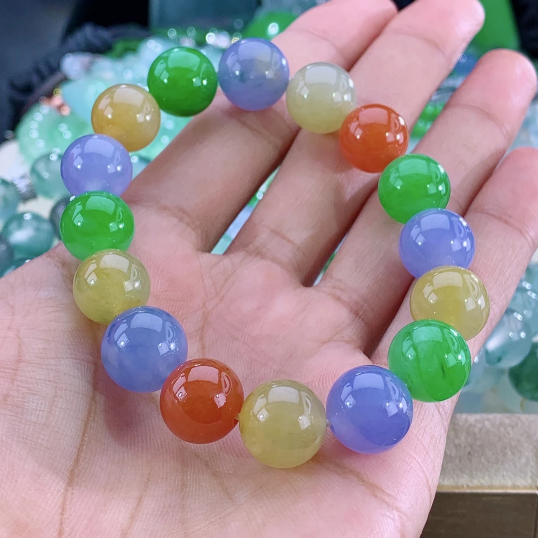 福禄寿禧財特色浓色系缅甸翡翠A货多宝手串有紫有绿荣华富裕