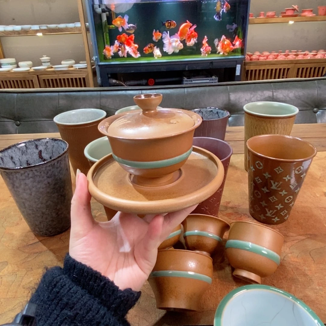 朱砂胎草木灰玉带缠腰 三才盖碗