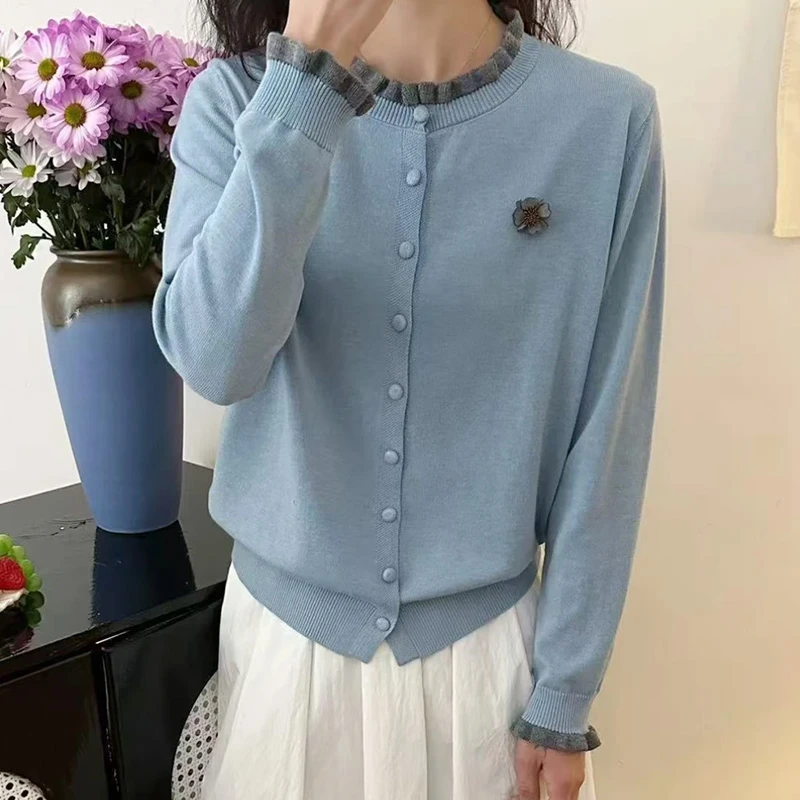 撞色花边设计领口木耳边温柔系针织开衫小香风气质长袖时尚百搭