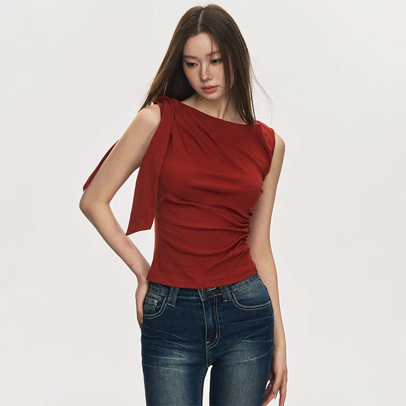 annaaneae绑带褶皱无袖背心女夏外穿红色不规则设计感无袖上衣潮
