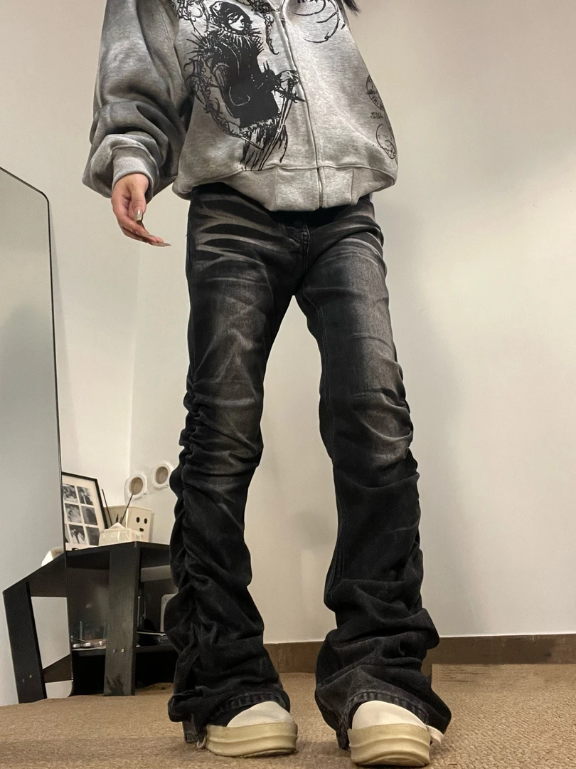 15GET 美式高街vibe闪电纹猫须直筒微喇牛仔裤压褶显瘦长裤男女