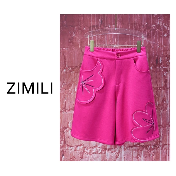 【亮哥女装】2025欧版洋红色贴布绣时尚A字阔腿短裤9173