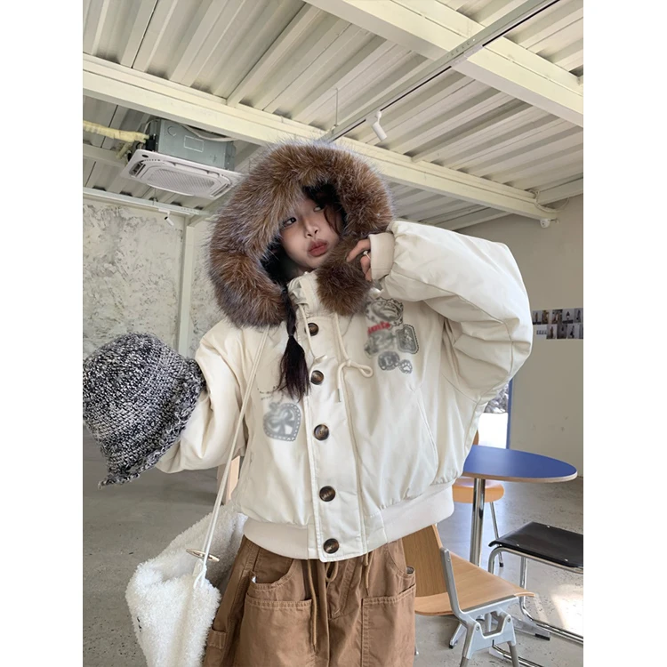 美式复古连帽毛领棉服外套女冬季爆款设计感加厚休闲时尚棉衣棉袄