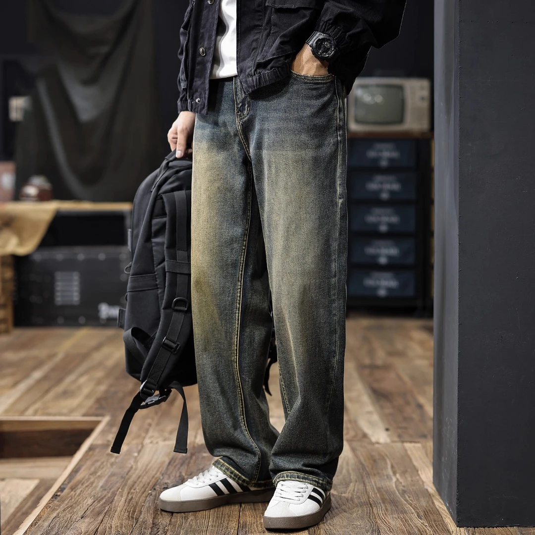 美式复古350g重磅茶染做旧直筒牛仔裤男士2025秋冬新款阔腿裤子潮