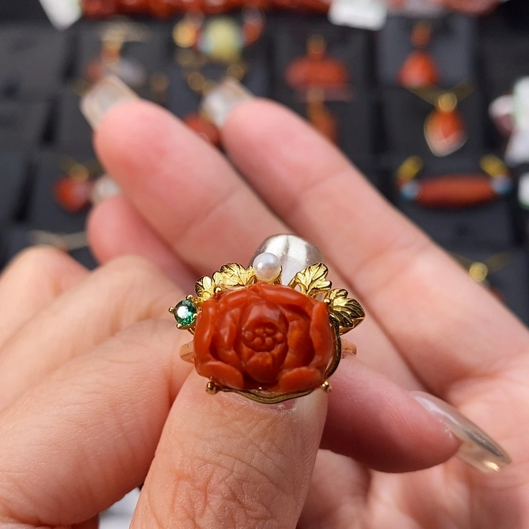 南红玛瑙银S925镶嵌四川凉山牡丹花戒指