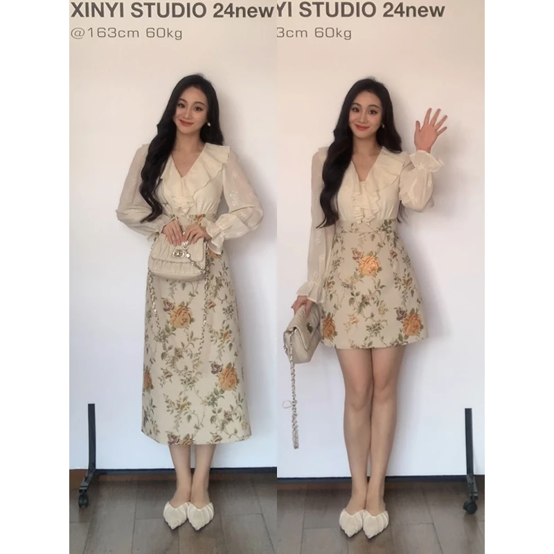 XINYI【油画少女】秋季假两件拼接提花连衣裙收腰显瘦X624A15746