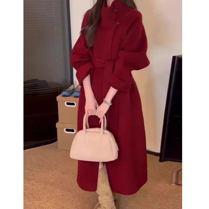 红色大衣女2023秋冬新款韩系立领结婚过年双面呢羊毛呢子大衣外套
