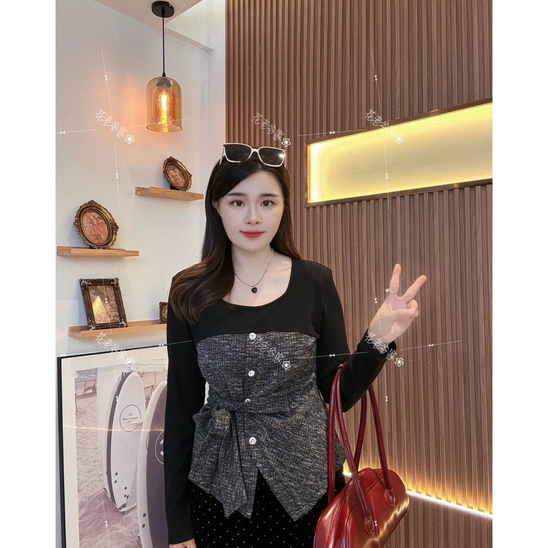 【仅上衣】花老爷微胖大码女装拼接款绑带精致T恤HLY3610