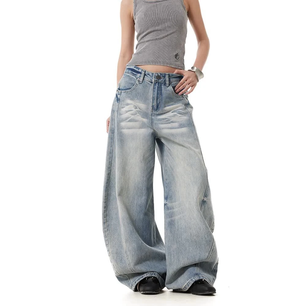 美式复古水洗猫须阔腿弯刀牛仔裤男女宽松夏季显瘦cleanfit拖地裤