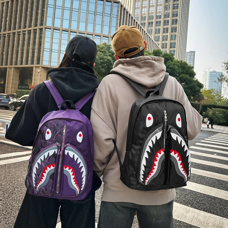 朋克鲨鱼高街双肩包男女背包书包初中生高中生学生休闲旅行双肩包