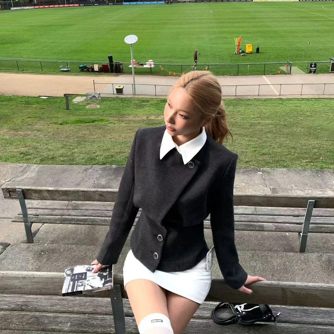 富家千金小香风假两件毛呢外套秋新款设计收腰显瘦大衣韩8154舞