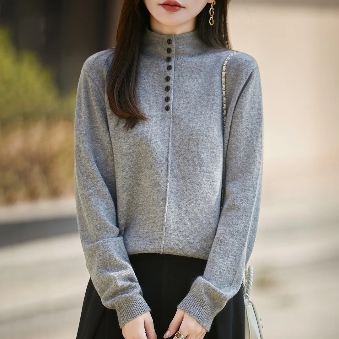 慵懒风半高领羊毛半纽扣针织衫女秋冬新款加厚羊绒宽松毛衣打底衫
