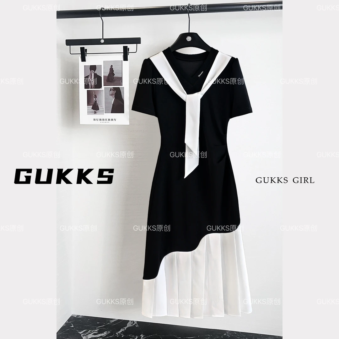 GUKKS/2025夏季法式高级拼接连衣裙遮肉显瘦设计感裙