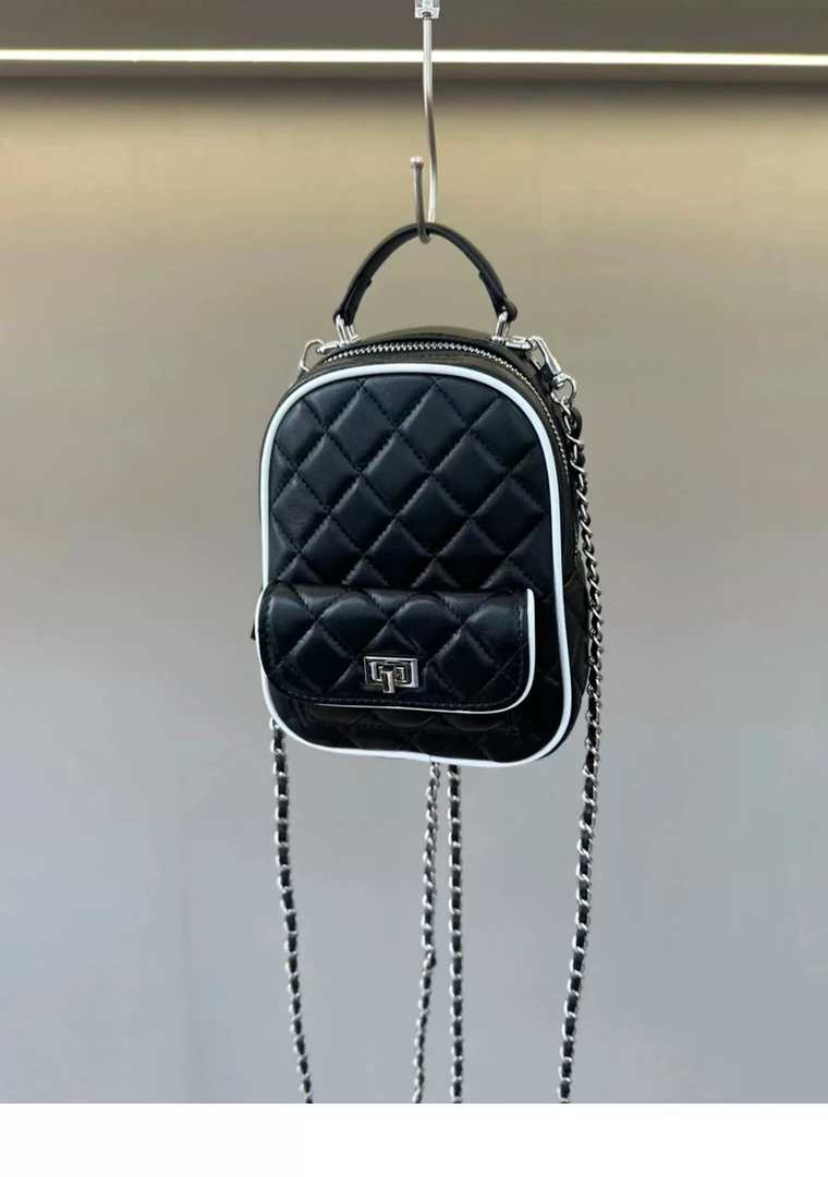 头层羊皮黑白拼接小香风双肩包链条小背包手提包单肩斜挎小包包女