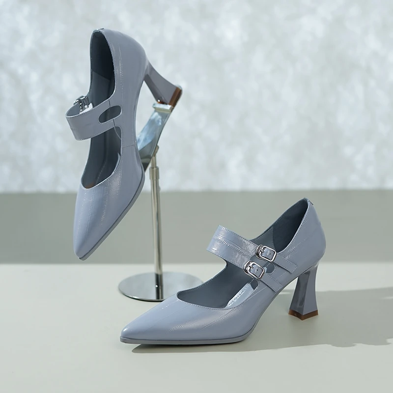 （跟高7cm）2025真皮一字带防水台工作鞋日常百搭高跟鞋