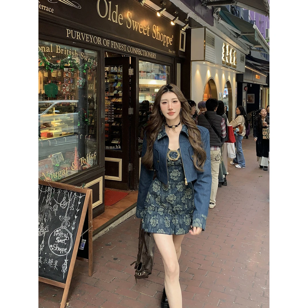 DREAM SEVEN77 复古吊带连衣裙春秋短款外套牛仔两件套QD86453