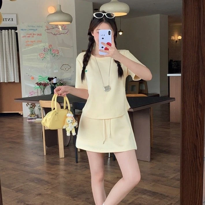 2025夏新款休闲短袖半身裙套装大码宽松遮肉显瘦款