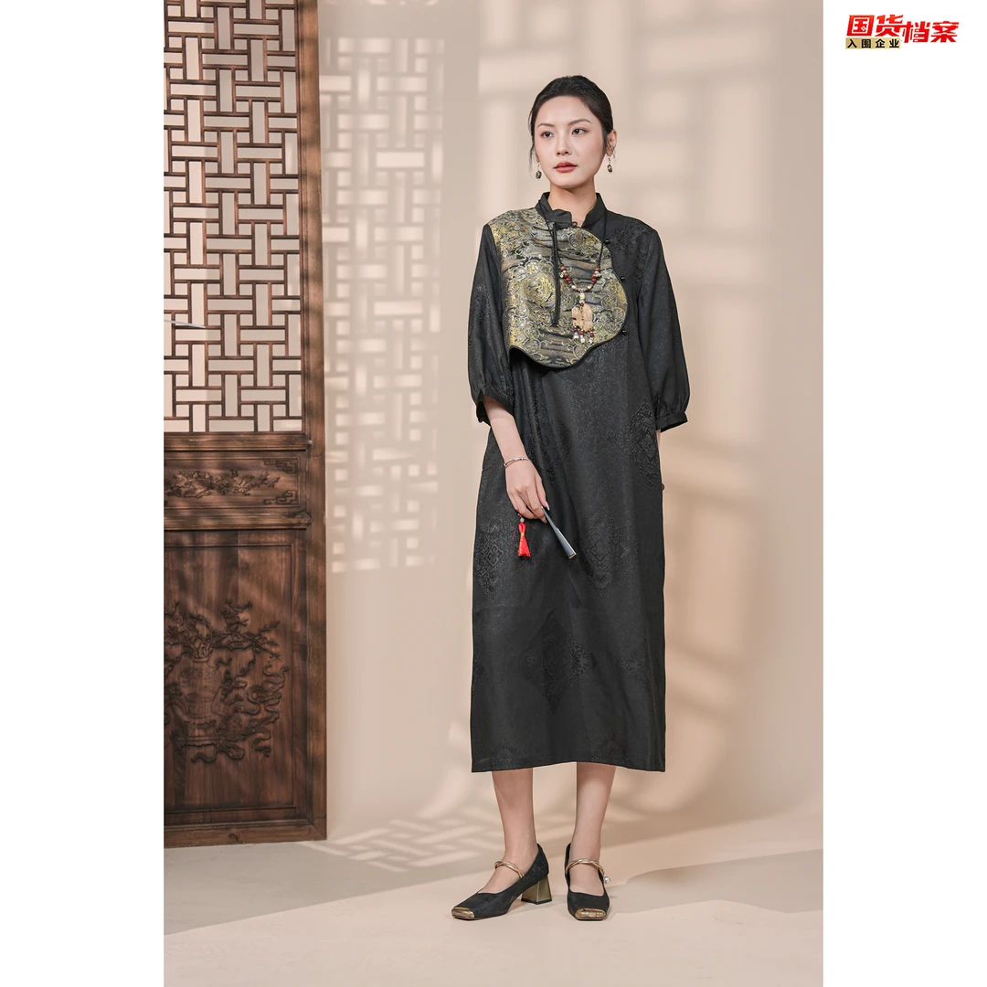 【万象有衣】香云纱原创设计混沌初开花罗连衣裙6698