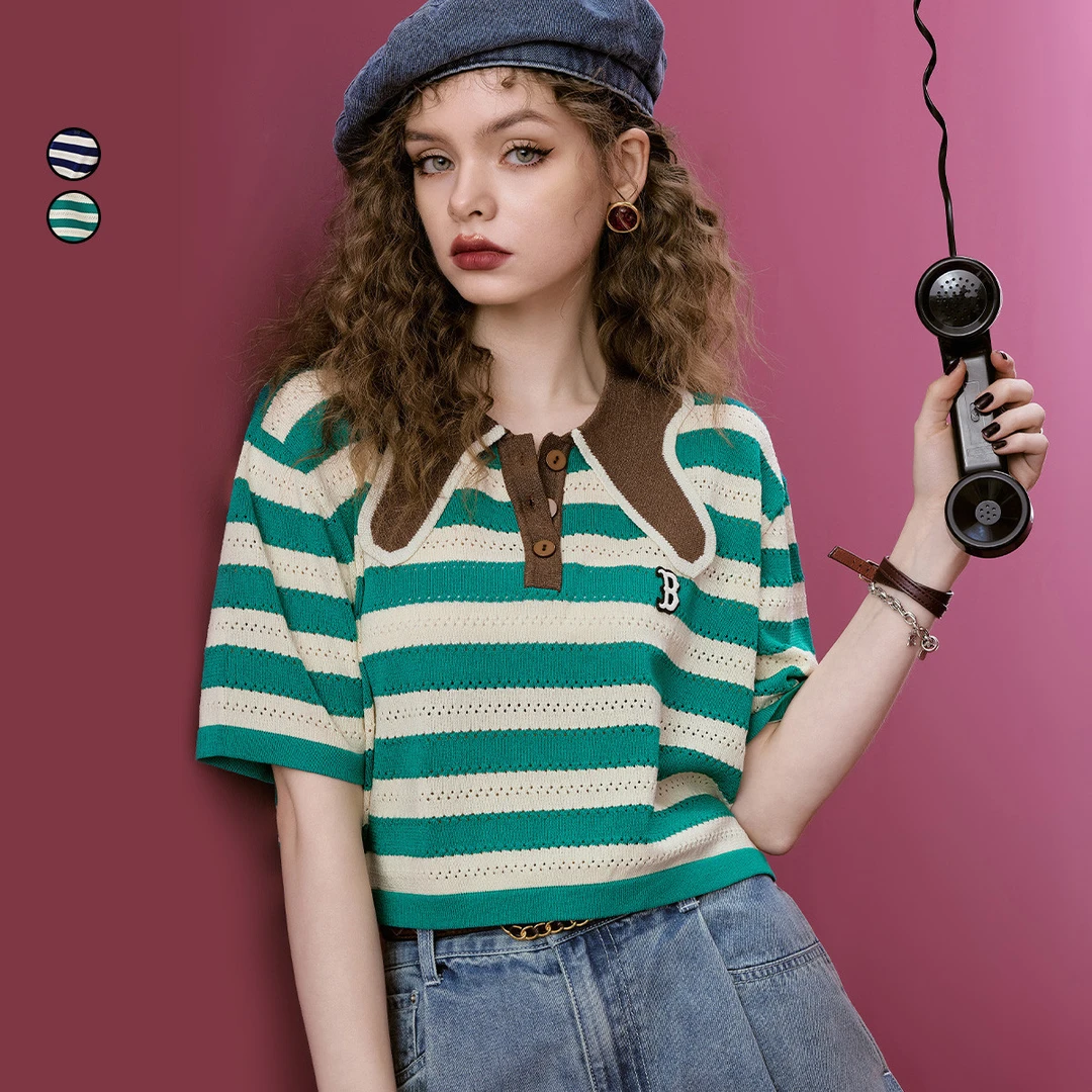 妖精的口袋2025 夏条纹拼接印花T恤女美式复古风短袖25205230